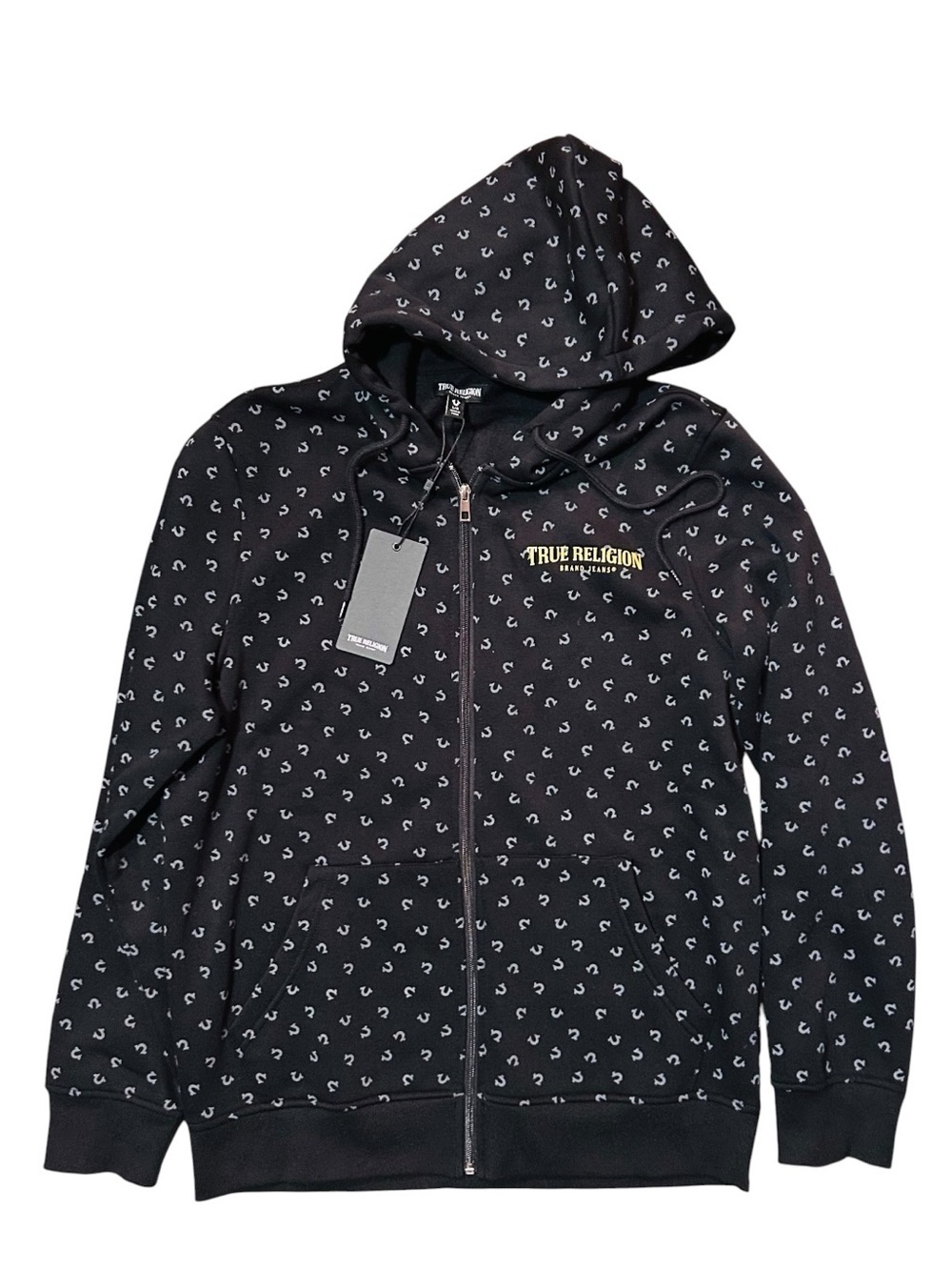 True Religion Black Zip-Up Hoodie Silver Logo Print